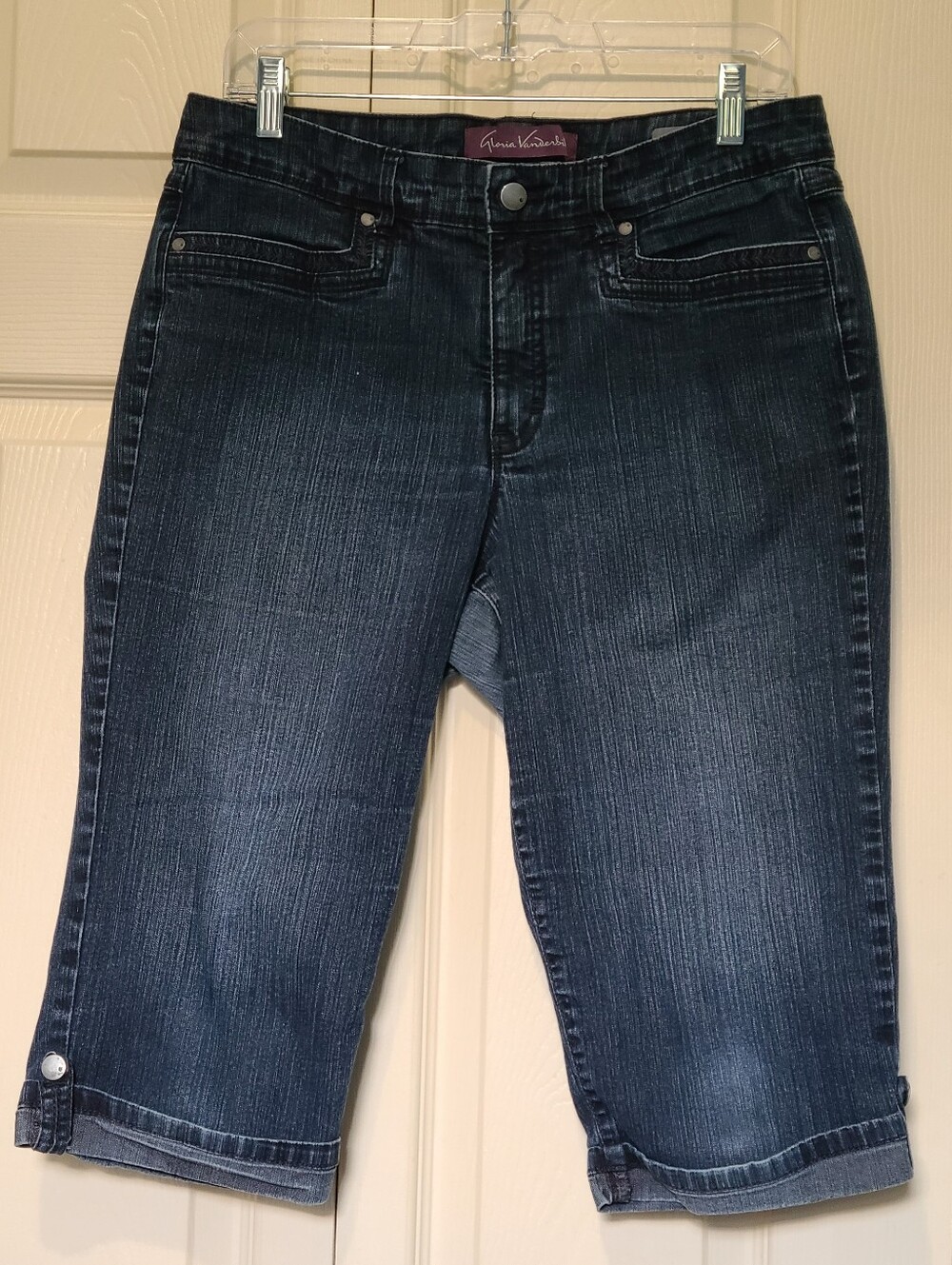 Gloria Vanderbilt Dark Blue Cropped Stretch Denim Cuffed Capris Embroidered 10